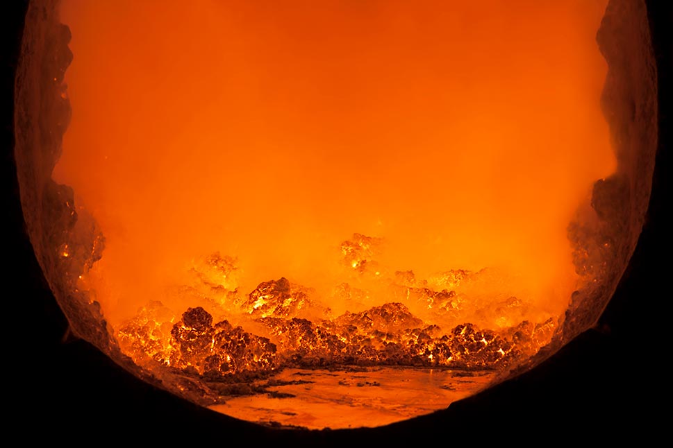 Molten metal inside a furnace